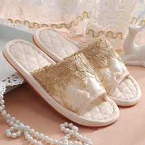 Xin Xin Yue slippers European bedroom fabric summer indoor mens and womens lace household non-slip home shoes word drag