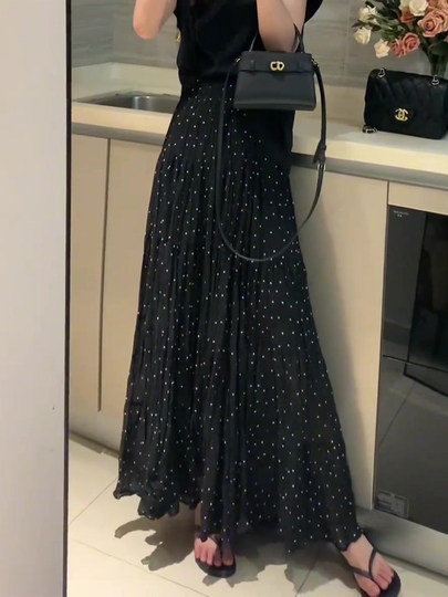 Black Polka Dot Print Skirt for Women 2025 Summer New Fashion Trendy Elegant High-Waisted Drapey A-Line Skirt