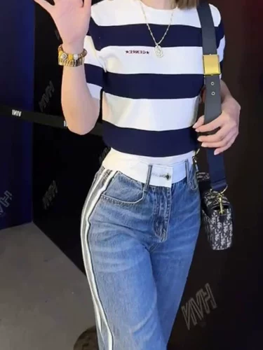 初乙 Летние модные джинсы, весенние штаны, высокая талия, изысканный стиль, свободный прямой крой