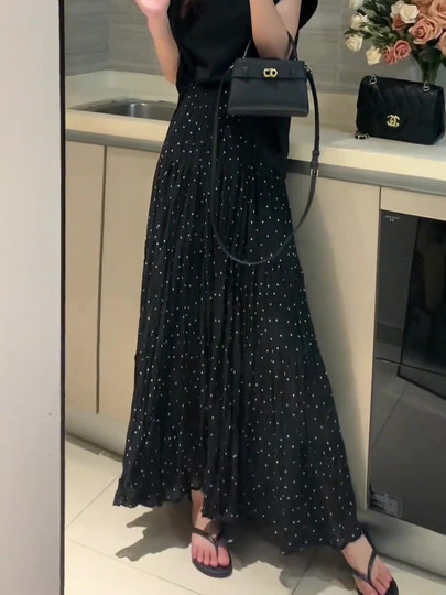 Black Polka Dot Print Skirt for Women 2025 Summer New Fashion Trendy Elegant High-Waisted Drapey A-Line Skirt