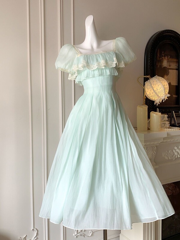 [Mint Lime] French-Style Fresh and Vintage-Inspired Square-Neck Dress for Women, New Summer Sweet Girl Long Dress
