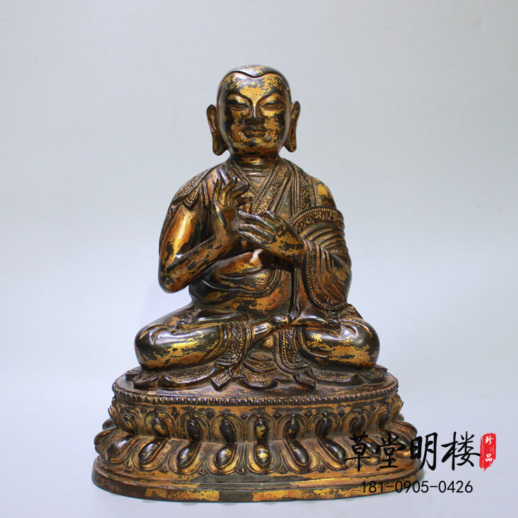 Tibetan antique old Buddha statue pure red copper applique on the golden Upper Division building like the old lamas