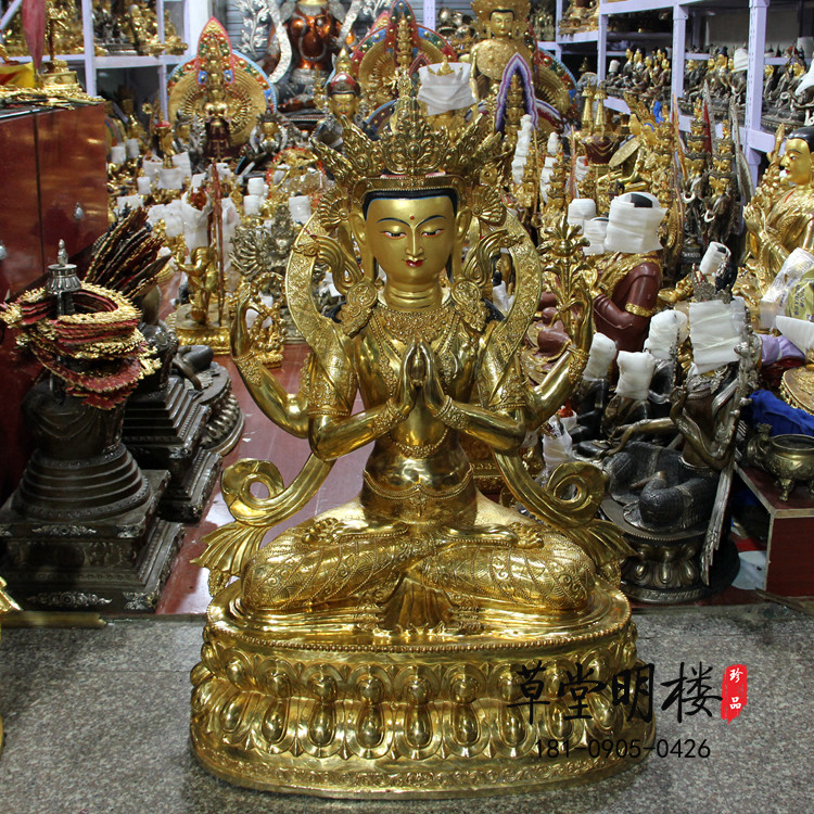 One meter high four arms Guanyin Tibetan Buddhism Pure Brass gold Buddha 4-arms Guanyin Buddha Hall Buddha Hall Pendulum can be contained