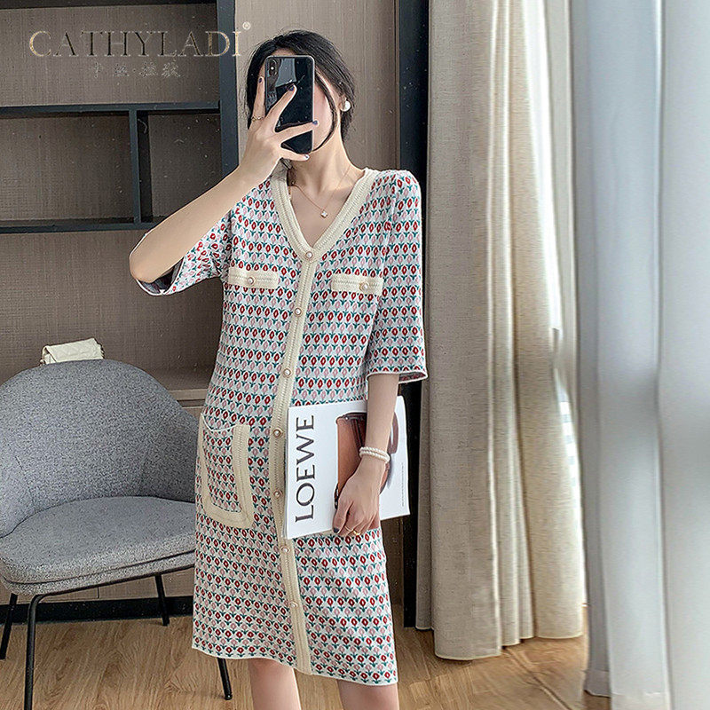 CATHYLADI PREGNANCY WOMAN DRESS Summer Clothing Thin Ice Silk Knit Nepotism Nepotism LEAN TEMPERAMENT V COLLAR SMALL Fragrant Wind Dress