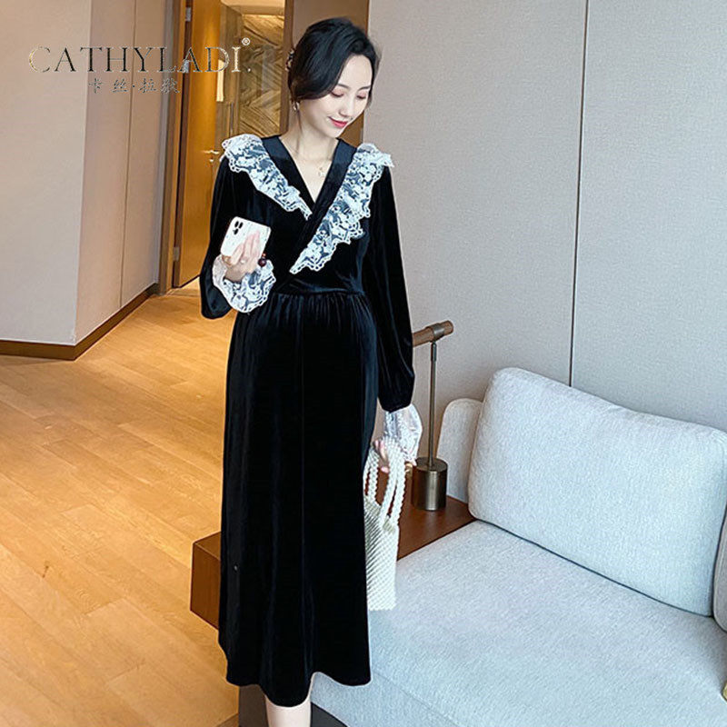CATHYLADI maternity dress Elegant socialite style fashionable lace wild velvet warm wear pregnant mother dress