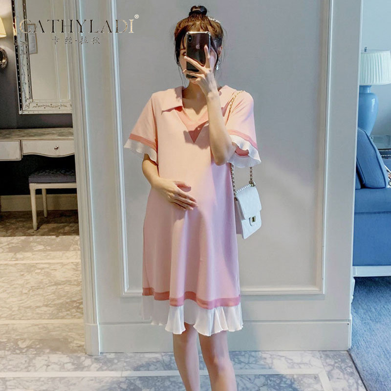 CATHYLADI maternity clothes 2021 summer clothes new foreign style age reduction does not show fake two-piece dress hot mom