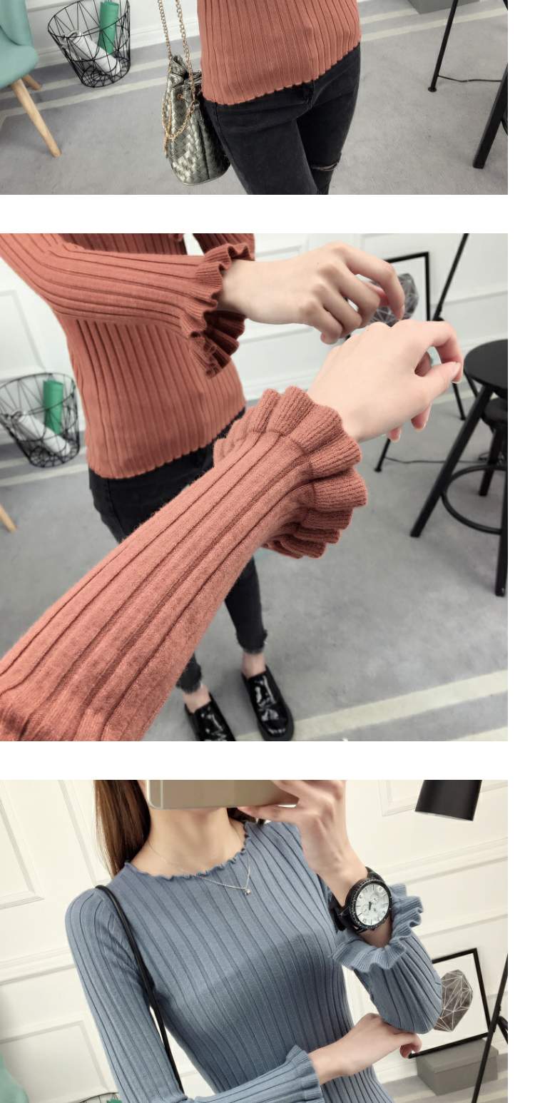 Áo len mới nữ có đầu ngắn màu đơn sắc Phiên bản Hàn Quốc mỏng cổ tròn tay áo dài tay áo cánh sen áo cardigan nữ