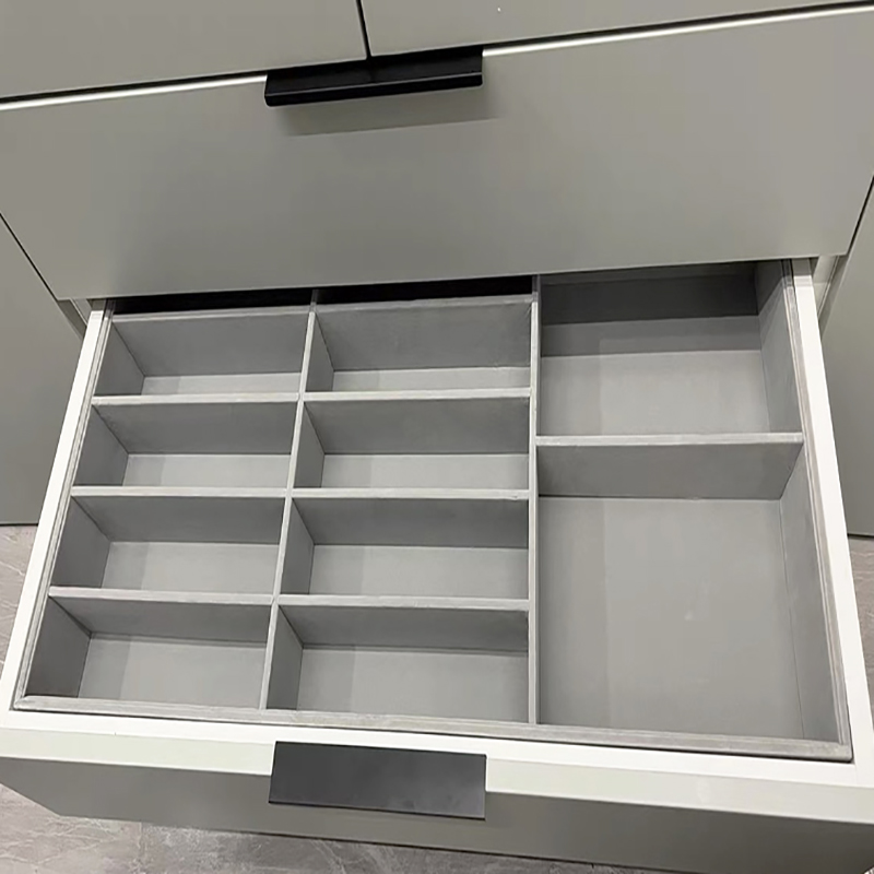 Customised minimalist cloakroom Drawers Containing grips Scarves Containing Boxes Bra Underpants Socks Suede Accessories Box