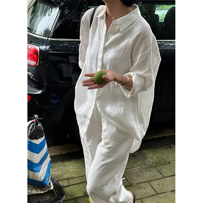 Minimalist Old Money Style! Nordic Relaxed High-End Long-Sleeved Washed Linen Collared White Shirt and Casual Pants Set for Women Minimalist Old Money Style! Nordic Relaxed High-End Long-Sleeved Washed Linen Collared White Shirt and Casual Pants Set for Women