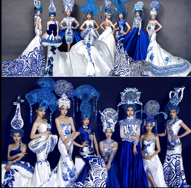 Blue and White Porcelain Cheongsam, Retro Chinese Style, Slim Fit, Banquet Host Dress, Stage Model Catwalk, Elegant and Exaggerated Sleeveless Women's Dress