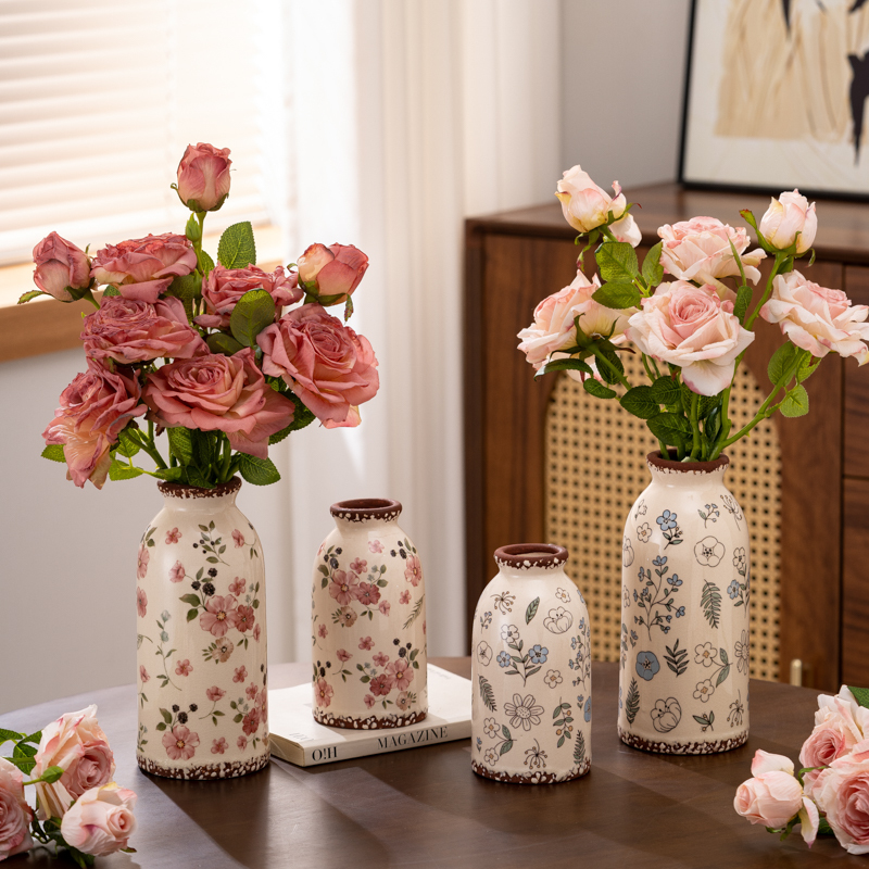 Retro Pastoral Style Ceramic Vase, Artistic and High-End, Living Room Table Decoration, Dried Flower Hydroponic Flower Arrangement Vessel
