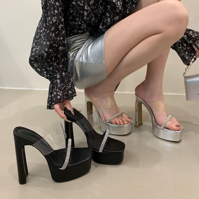 2025 New Style 15cm Super High Heel Thick High Heel Square Toe Square Heel Rhinestone Slip-On Sandals Sandals 3