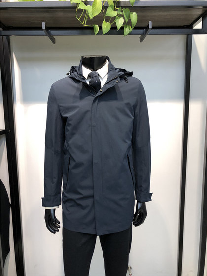 2025年春季新品男士中长款风衣暗门襟帽子可拆卸休闲外套LENZON领