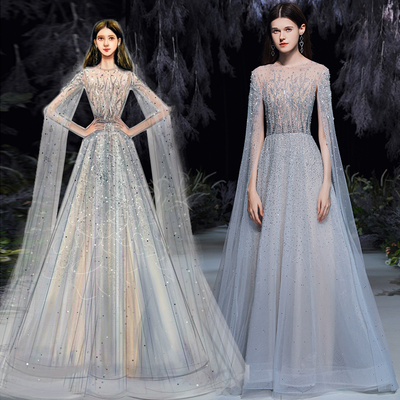 Luxurious Heavy-Beaded Fairy-Like Evening Dress for Women, High-End, Light Luxury, Elegant, Powerful, Queen-Like, for Hosting Banquets