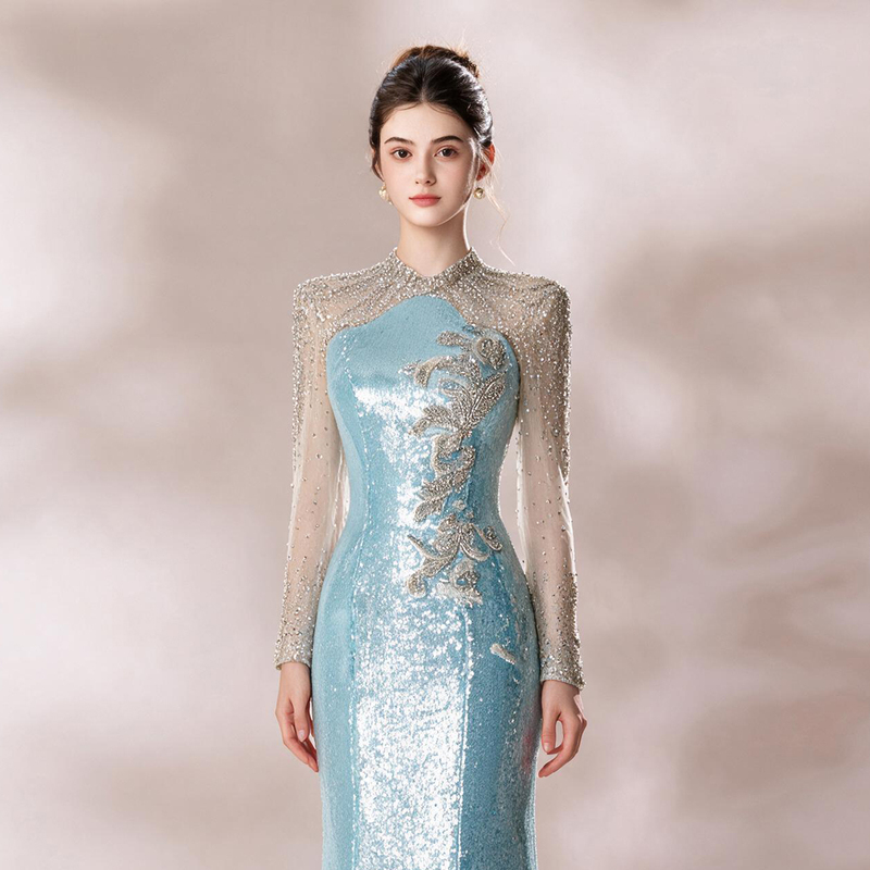 New Chinese-Style Luxurious Heavy-Duty Sequin-Embellished Long-Sleeve Mermaid Evening Dress for Women, High-End Banquet Hostess