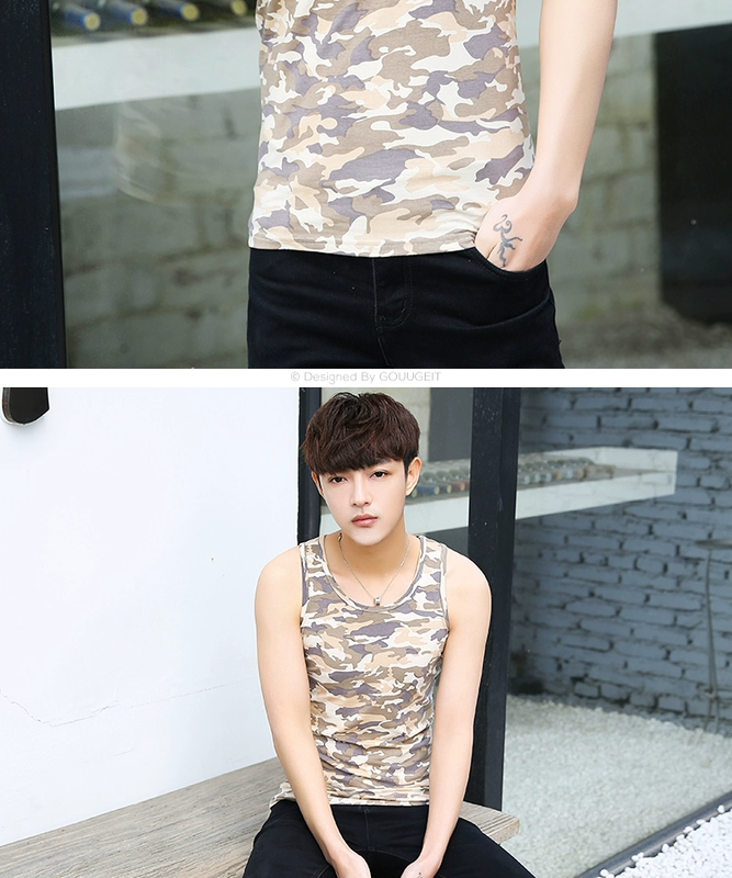 Ngụy trang vest thể dục nam thể thao vest vai mỏng thủy triều thanh niên mùa hè không tay in áo cotton chạm đáy áo - Áo vest cotton áo khoác vest nam mỏng