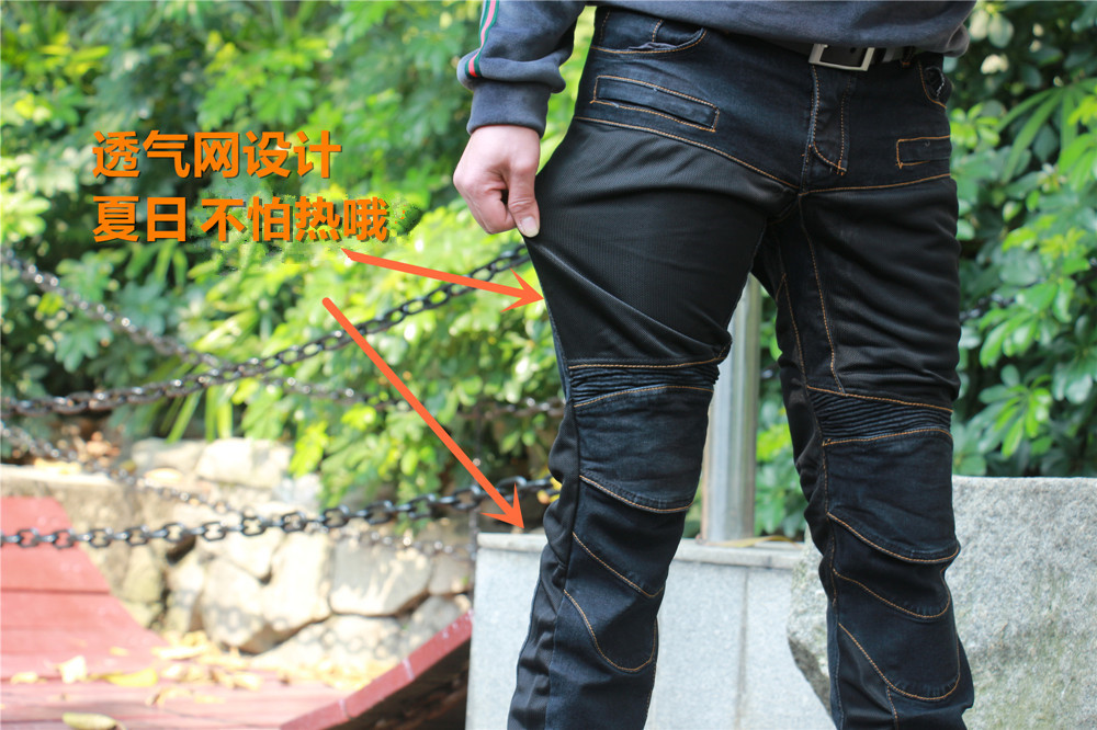 Mùa hè xe đua mới chống ngã cưỡi lưới thoáng khí khâu đồ bảo hộ Slim căng hiệp sĩ xe máy quần denim - Xe máy Rider thiết bị găng tay da đi xe máy