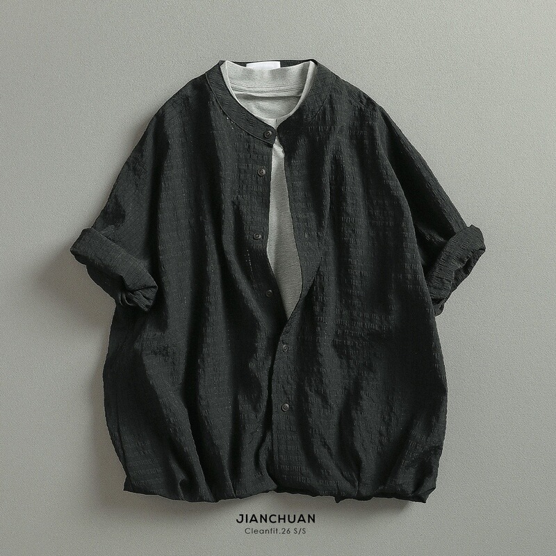 "Fake Two-Piece" Summer New Chinese-Style Casual Layered Look Bubble Gauze Minimalist Short-Sleeve Shirt for Men