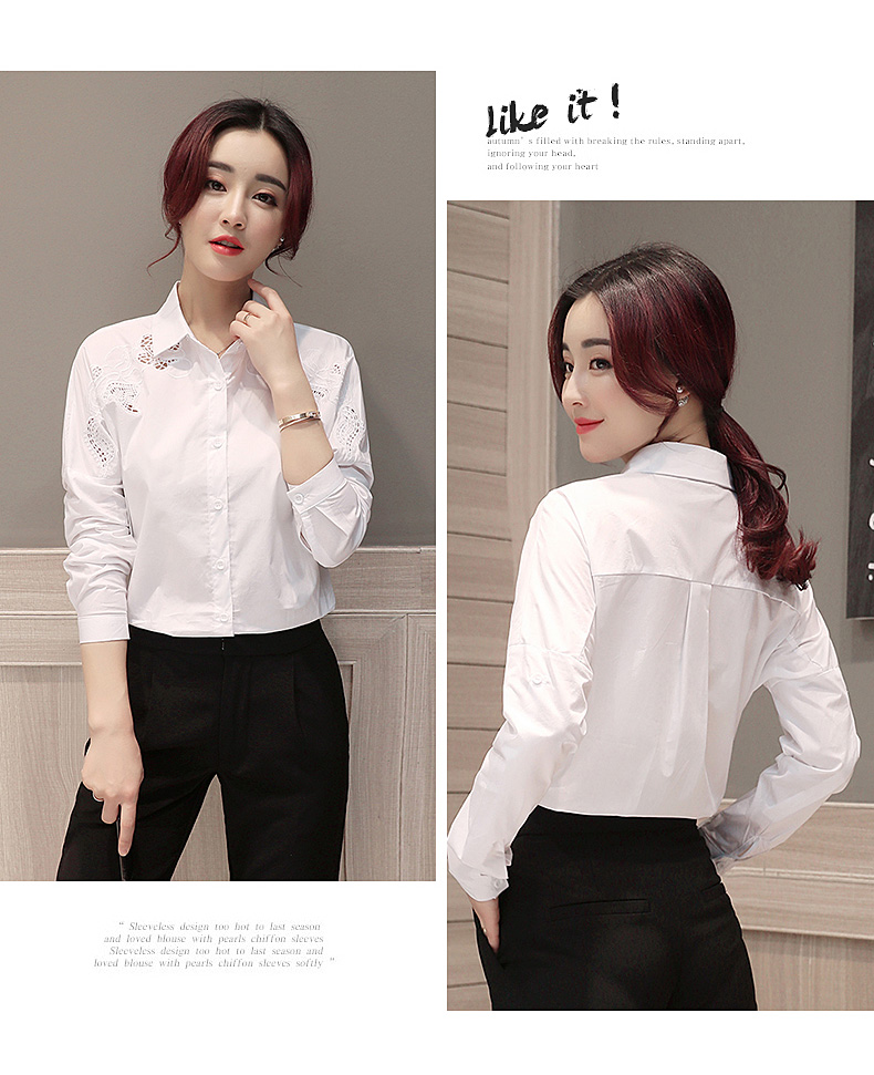 Áo xuân 2018 mới áo trắng nữ dài tay thêu rỗng tự trồng ngọt ngào hàng đầu Han Fan áo cotton giản dị áo sơ mi nữ hàn quốc