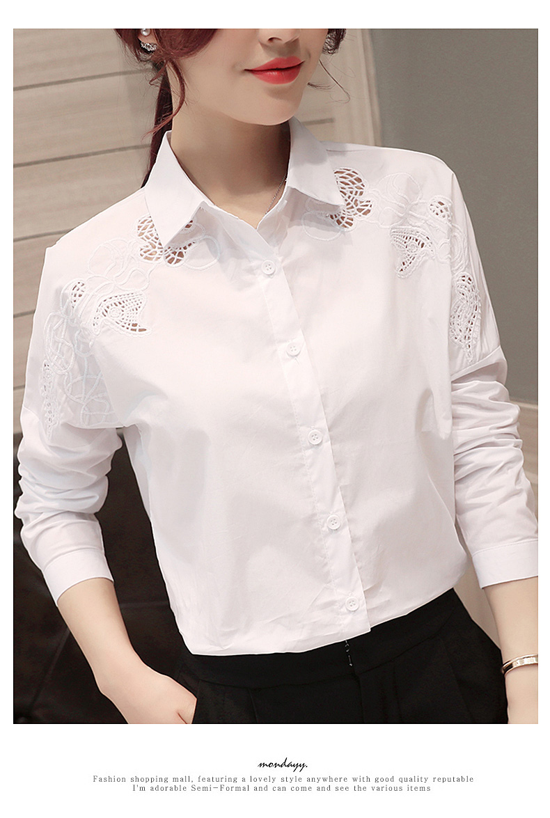 Áo xuân 2018 mới áo trắng nữ dài tay thêu rỗng tự trồng ngọt ngào hàng đầu Han Fan áo cotton giản dị áo sơ mi nữ hàn quốc