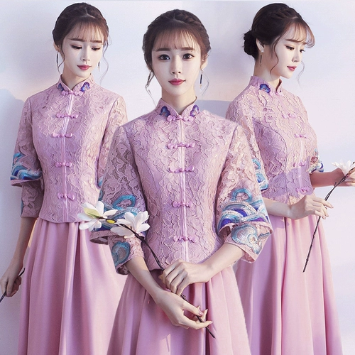 Розовое демисезонное платье подружки невесты, традиционный свадебный наряд Сюхэ, вечернее платье, длинная юбка, 2020, китайский стиль, подходит для подростков, средней длины