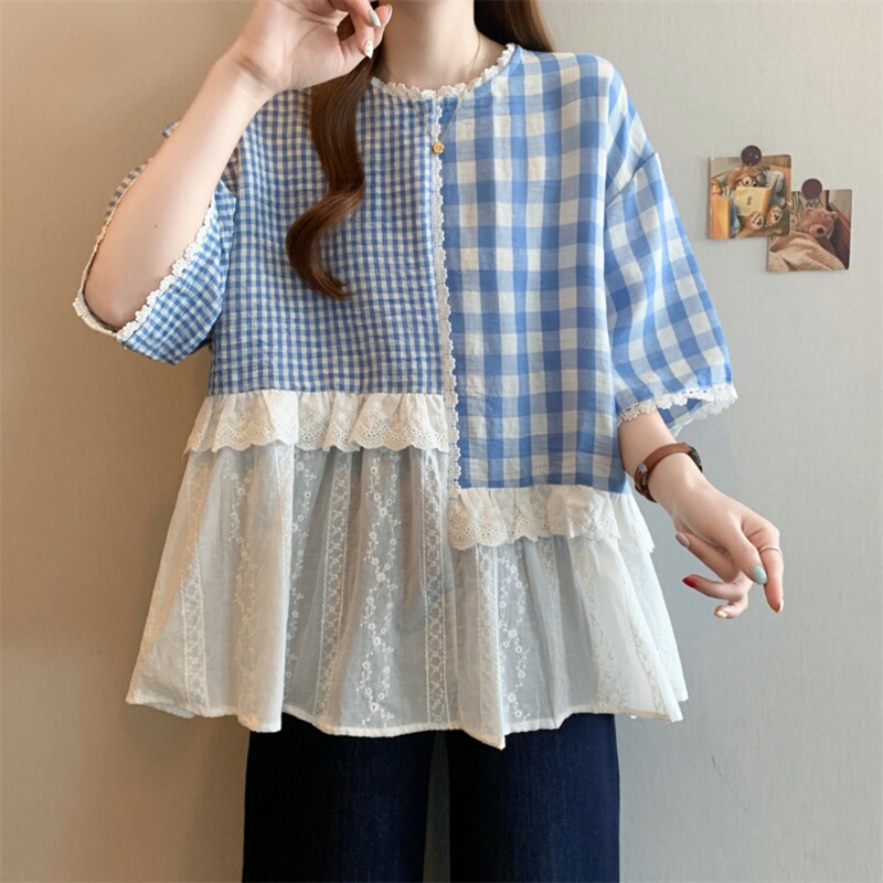 Plus-Size Sweet Irregular Plaid Lace Patchwork Short-Sleeve Shirt for Women, Summer Loose Top for Chubby Girls to Cover the Belly