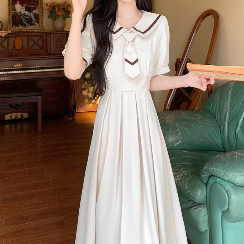 Plus-Size Women's Clothing, College-Style Japanese Girl Doll Collar Pleated Dress, Summer Waist-Cinching Slimming Tie Long Dress