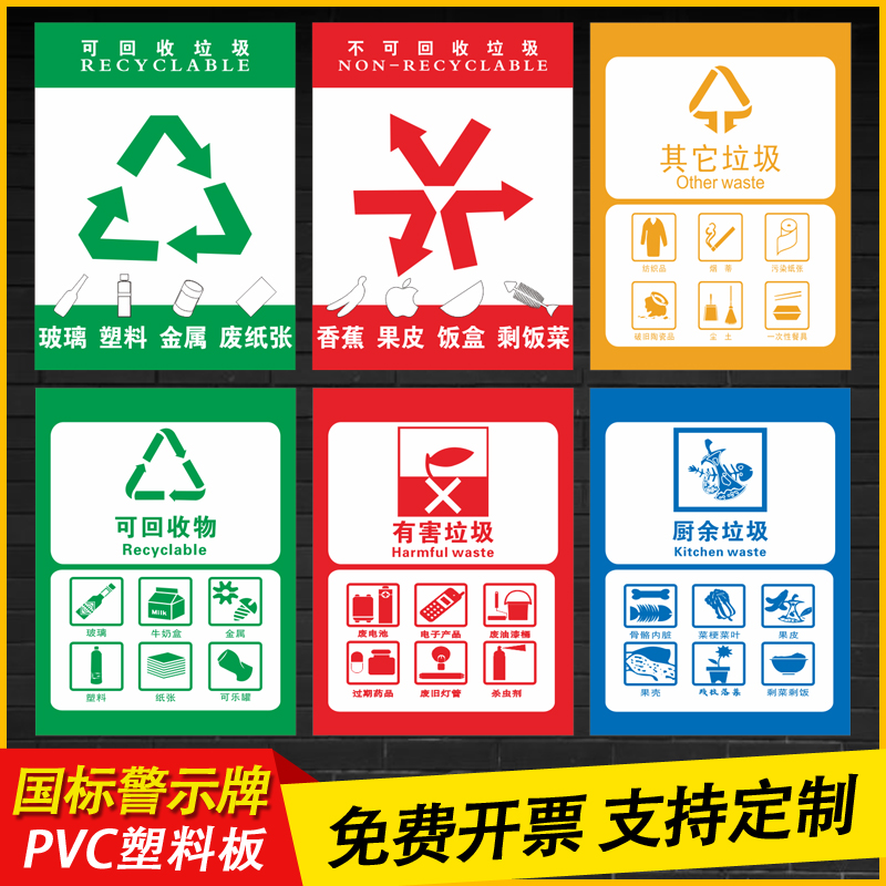 可回收垃圾不可回收垃圾警示标识牌车间安全生产标语贴可回收物PVC板提示牌有害垃圾其它垃圾厨余垃圾定制 Изображение 1