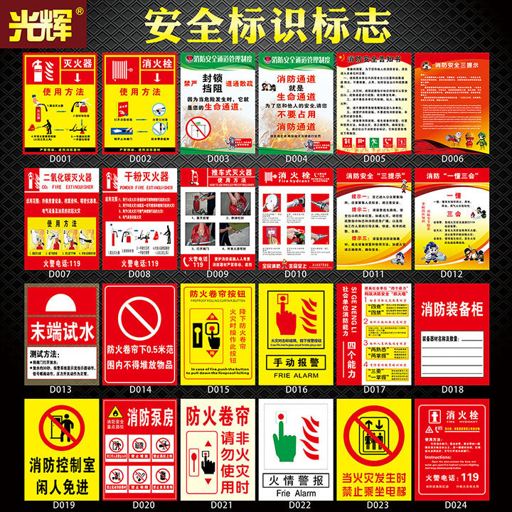 Carbon dioxide fire extinguisher prompt card fire hydrant cart-type dry powder fire extinguisher use method fire inspection three prompts four abilities slogan fire shutter manual alarm button sticker