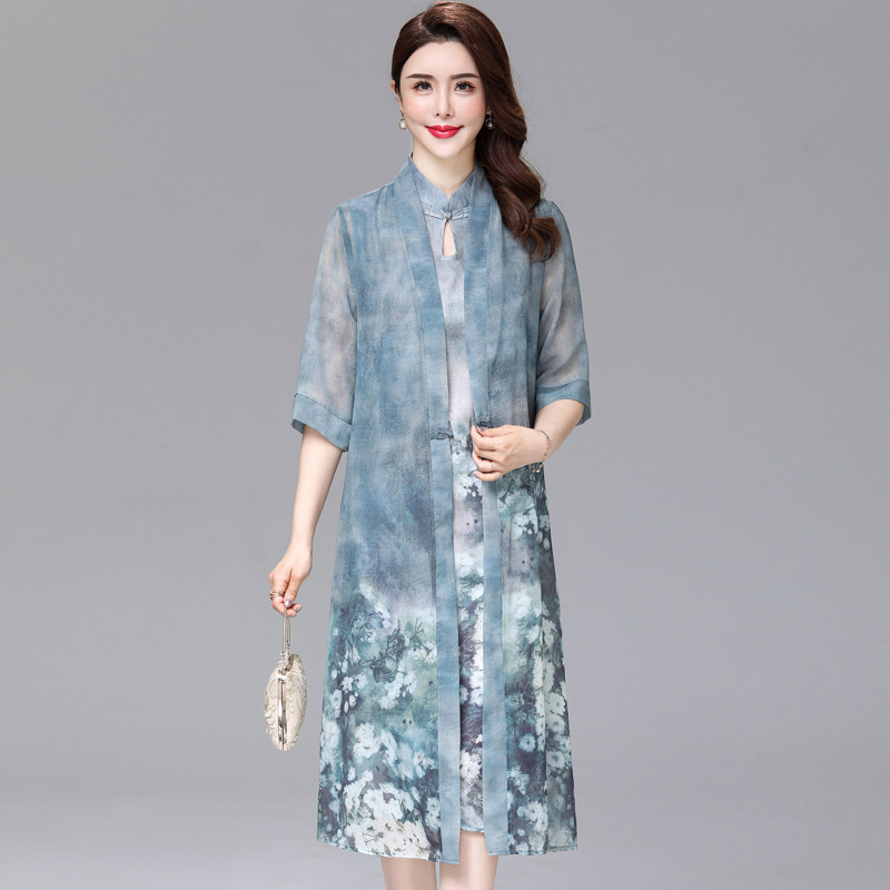 Mom spring and summer over-the-knee chiffon dress 2022 new western style middle-aged women's improved cheongsam two-piece suit skirt