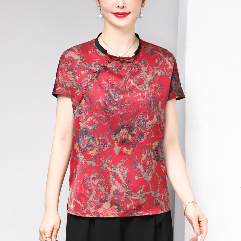 Mom summer short-sleeved top women's 2020 foreign pie broad wife xiang cloud satin loose large size T-shirt