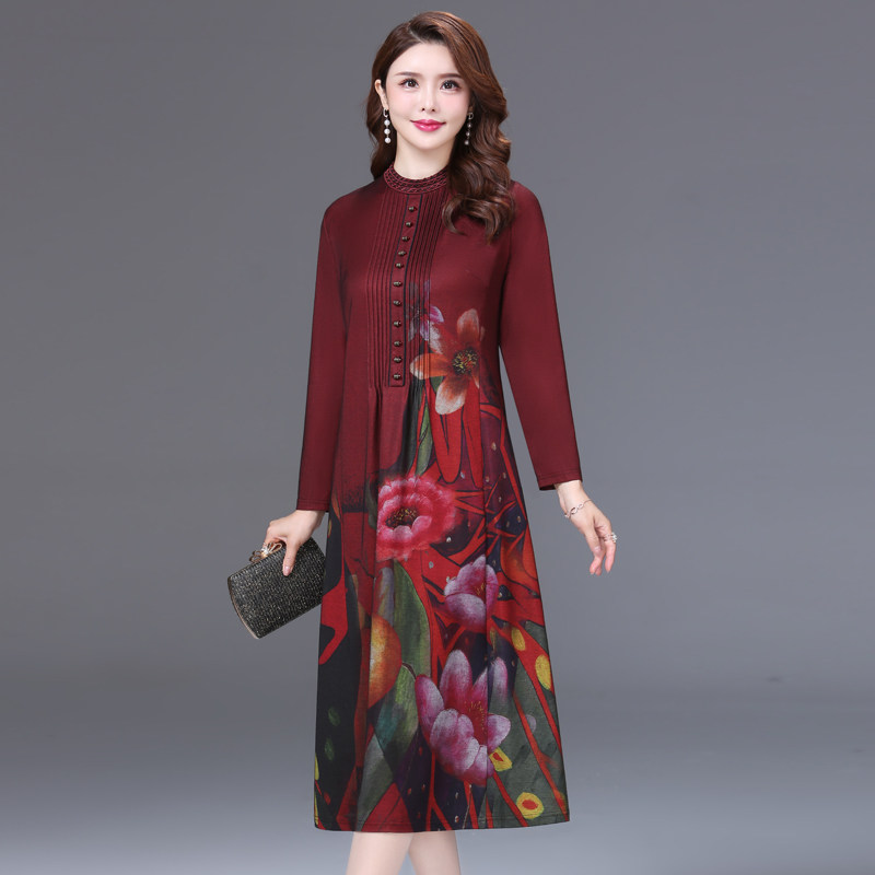 2021 new item middle-aged mother spring and autumn retro printing long-sleeved middle-length western air age-reducing thin dress female