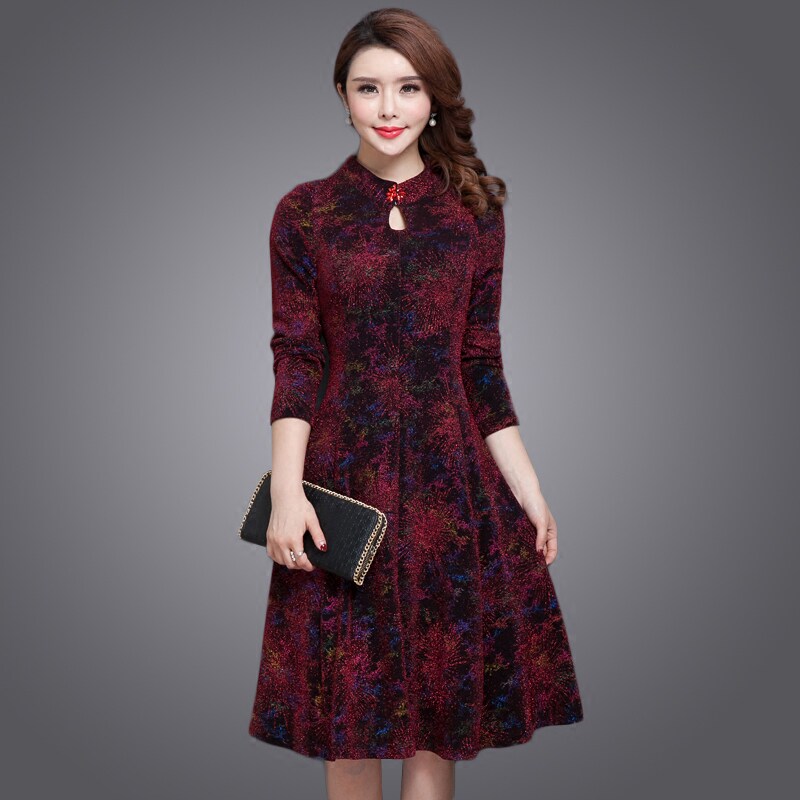 Lace Ocean Dress Spring Autumn Clothing New Fashion Stand-up Collar Medium Long Version Elegant Temperament Slim Long Sleeve A-word Dress
