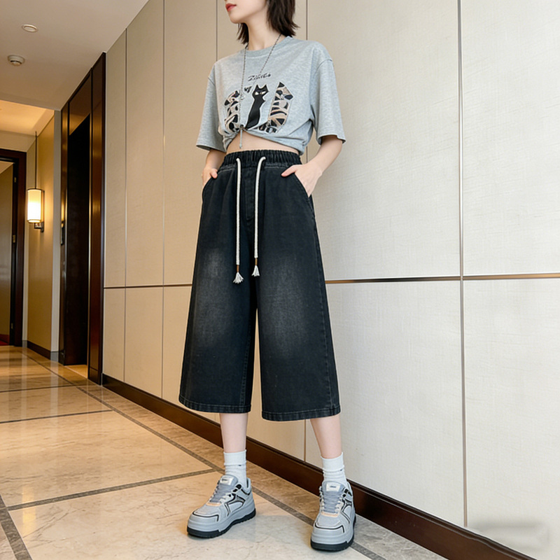 2026 New Elastic Waist Drawstring Denim Wide-Leg Cropped Pants for Women, Plus Size, Summer Loose Fit, Slimming, Body-Covering Casual Pants
