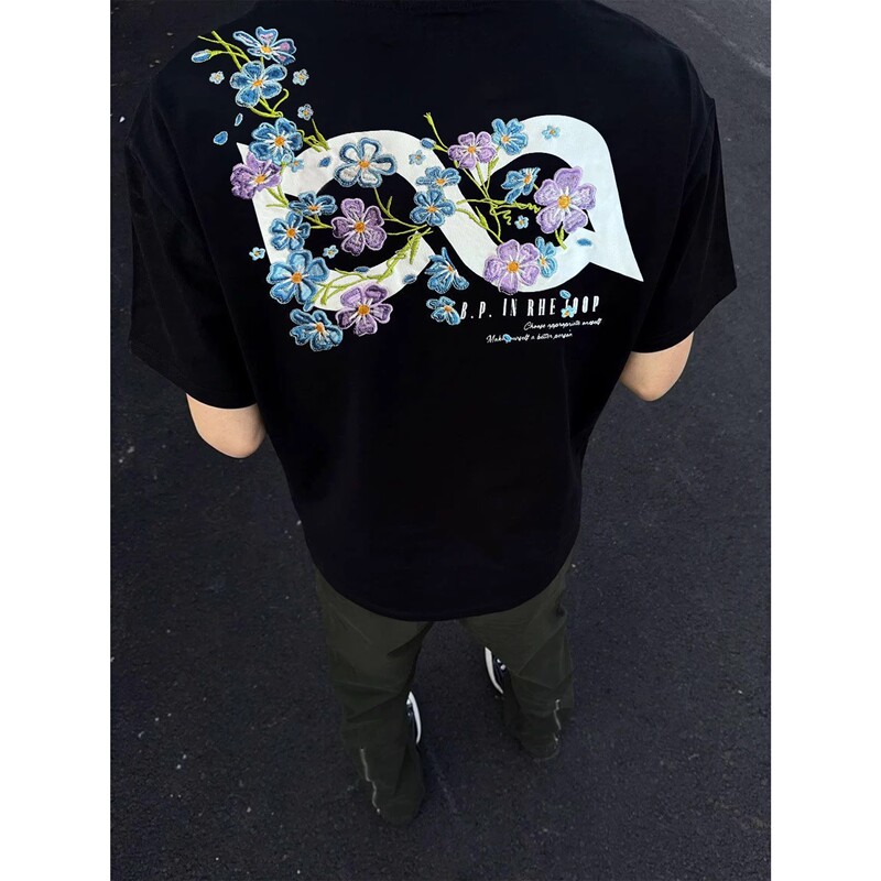 American High Street Style Blue and Purple Floral Embroidery Short-Sleeve T-Shirt for Men, Summer Loose Heavyweight Pure Cotton Half-Sleeve Couple's Top