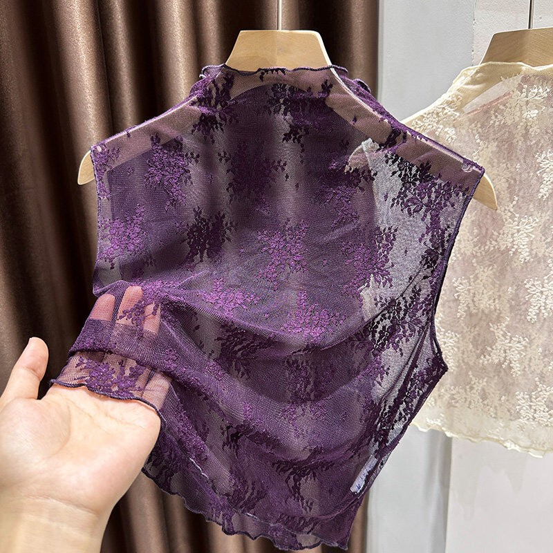 Purple Lace Fake Collar, Versatile Women's High-End Anti-Exposure Layered Inner Wear, Multi-Functional Fake Collar Mesh Base Shirt