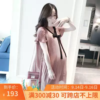 Pregnant women's dress Summer Bow lace-up chiffon Super fairy loose large size Net red pregnant woman summer dress fairy skirt