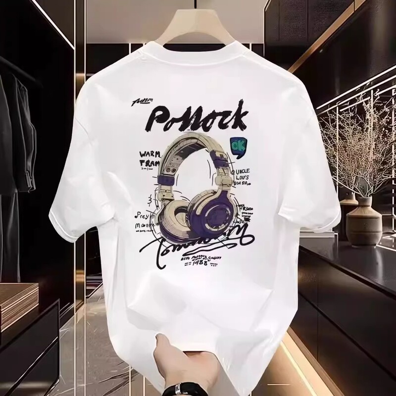Kangshi Yishu Trendy Brand Headphone Print Light Luxury Short-Sleeve T-Shirt for Men, Summer Heavyweight American Street Style Loose Round Neck Half-Sleeve Kangshi Yishu Trendy Brand Headphone Print Light Luxury Short-Sleeve T-Shirt for Men, Summer Heavyweight American Street Style Loose Round Neck Half-Sleeve