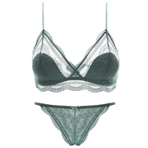 French underwear for women summer thin small chest push-up triangle cup lace bra showing breasts small panties set thin shoulder straps