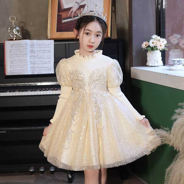 Girls' dresses, light luxury, niche piano performance clothes, children's birthday princess dresses, long-sleeved host flower girl dresses, autumn and winter