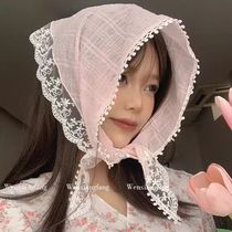 Spring and summer hair tie scarf pink thin simple turban pastoral style French style lace triangle scarf for women