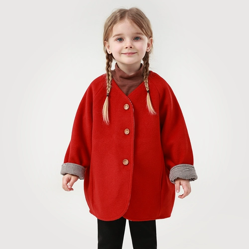 Красное зимнее шерстяное пальто, праздничнная детская куртка, увеличенная толщина