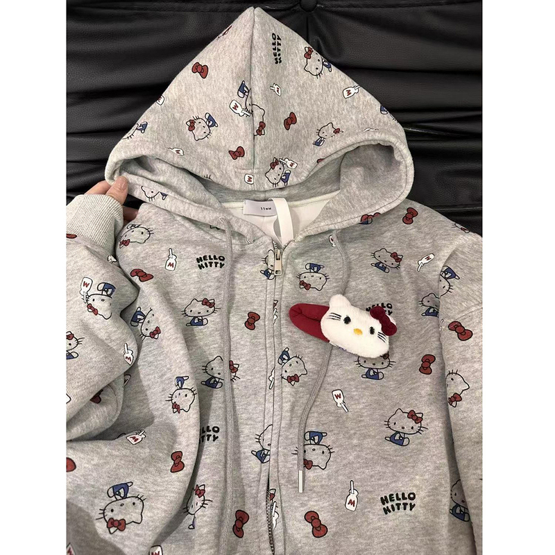 American-Style Trendy Cute Kitty Cat All-Over Print Hooded Cardigan Sweatshirt for Women, New Autumn and Winter Lazy Style Versatile Jacket