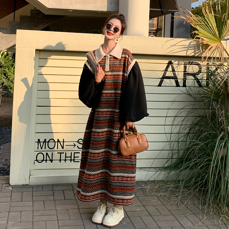 Plus-Size Jacquard Sweatshirt Striped Knit Faux Two-Piece Dress for Women, Spring and Autumn Clothing, Large Size Women's Clothing, European and American Style Sweater Long Dress Plus-Size Jacquard Sweatshirt Striped Knit Faux Two-Piece Dress for Women, Spring and Autumn Clothing, Large Size Women's Clothing, European and American Style Sweater Long Dress