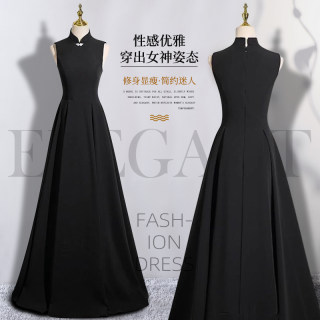 黑色旗袍领晚礼服裙女2025款高端轻奢小众主持年会宴会气质连衣裙