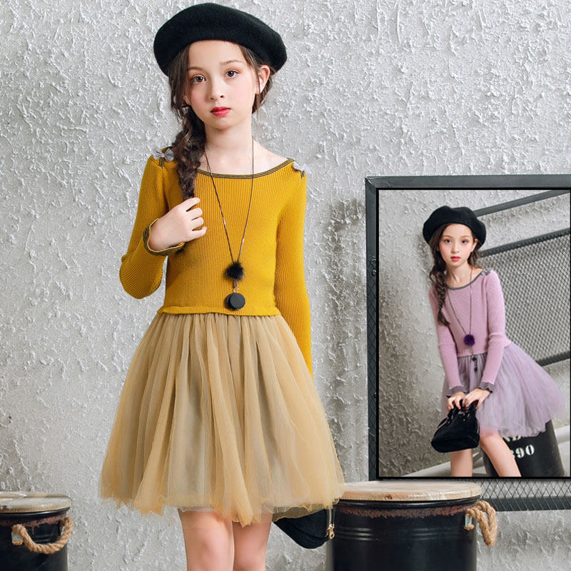 Girls 2022 new autumn and winter dress gauze skirt in the big boy Western style princess skirt with a word collar children's sweater skirt