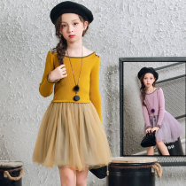 Girls 2021 new autumn and winter dress gauze skirt children foreign-style princess dress with word collar children sweater skirt