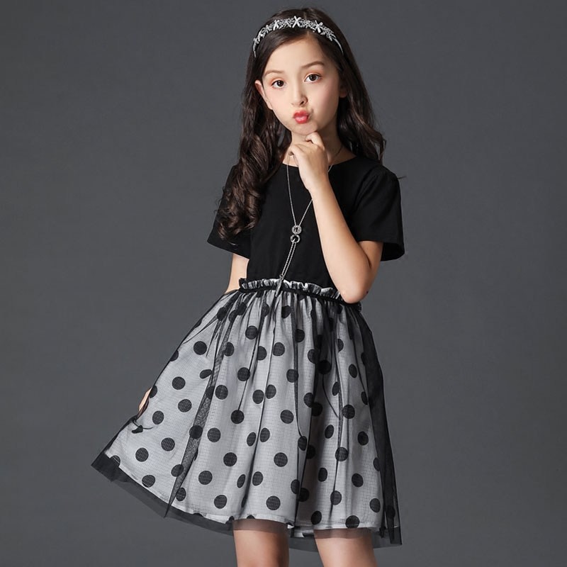 Girl Wave Dot Dress dress Summer CUHK Short Sleeves Pure Cotton Splicing Mesh Dress Korean Version Girl Foreign Air Princess Skirt-Taobao