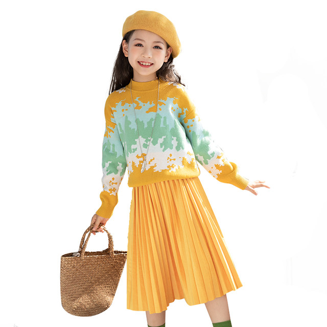 Girls' suit 2022 autumn and winter Korean style dress pure cotton knitted top pleated skirt sweater two-piece set