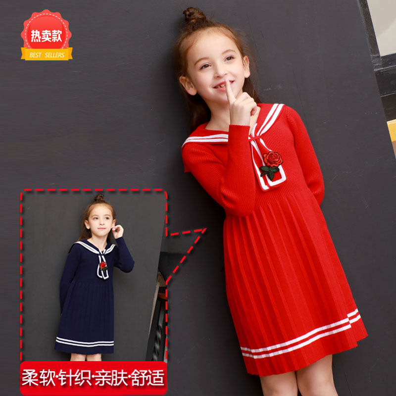 Navy Leading Girls Dress Autumn Winter College Winter College Wind Princess Han Edition of Long Sleeves Large Child Sweater Knitted Sweater